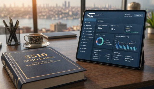 Bir avukatın veya insan kaynakları uzmanının masasında duran, üzerinde "5510 Sayılı Kanun" yazan kalın bir hukuk kitabı ve yanında modern bir tablet.