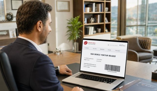 Bir iş insanın ofis ortamında, tablet veya laptop ekranında e-Devlet üzerindeki SGK barkodlu belgesini incelediği, modern ve kurumsal bir kare.