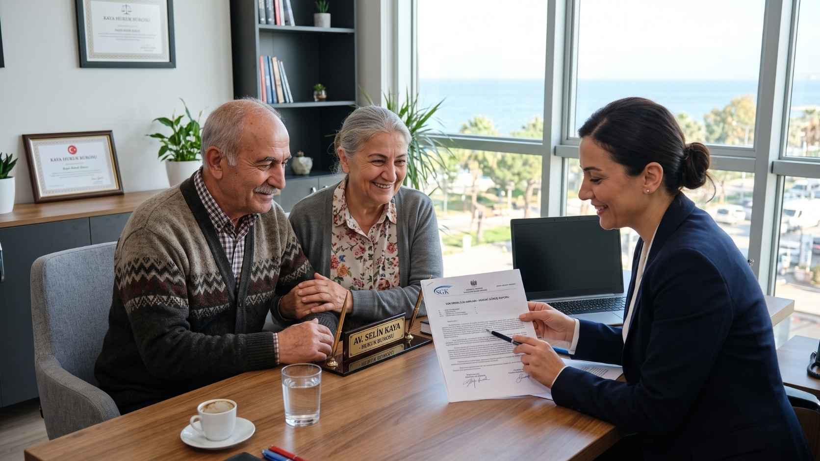 Avukatından yasal haklarını ve emekli maaşı koruma kanununu öğrenen yaşlı çift.